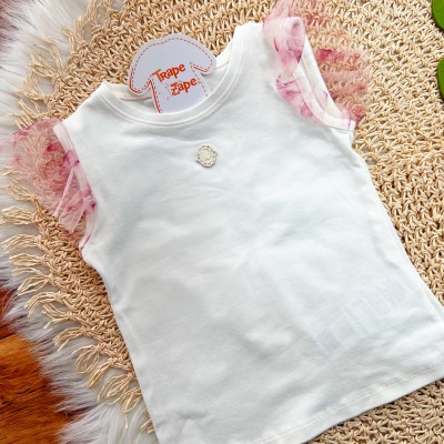 Conj. Blusa com Mini Brasão e Short Saia Floral em Tule - Off White e Rose